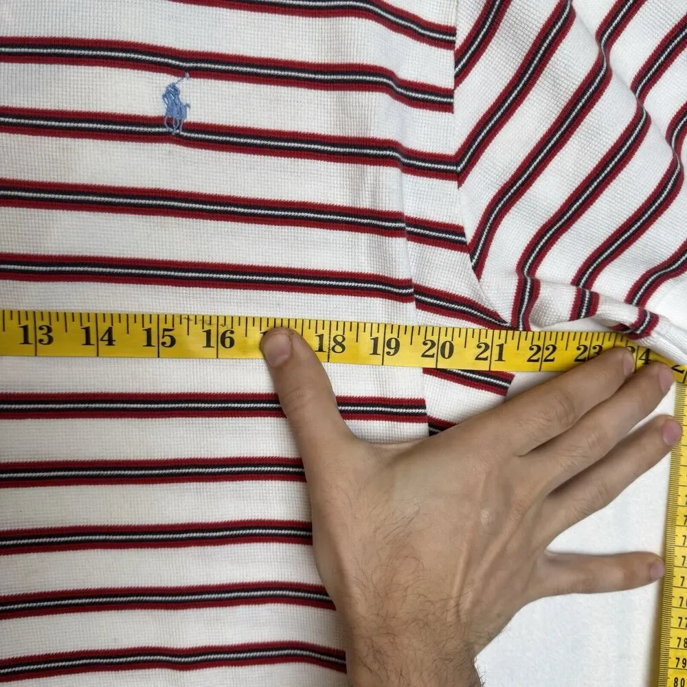 Polo Ralph Lauren Mens‎ Red White Striped Knit Short Polo Shirt Blue Pony Size L
